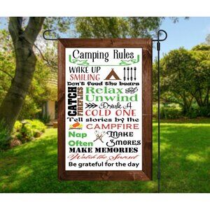 CAMPING RULES Theme Double Sided 12 x 18 Garden Flag Camper Subway Tile Word Art